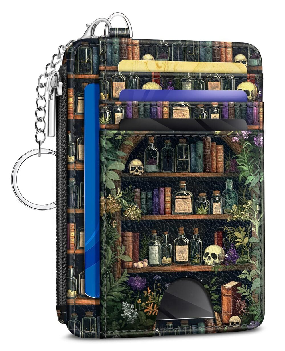 6848 Goth Bookshelf Skull Credit Card Holder Small Wallet , Gothic Witchy